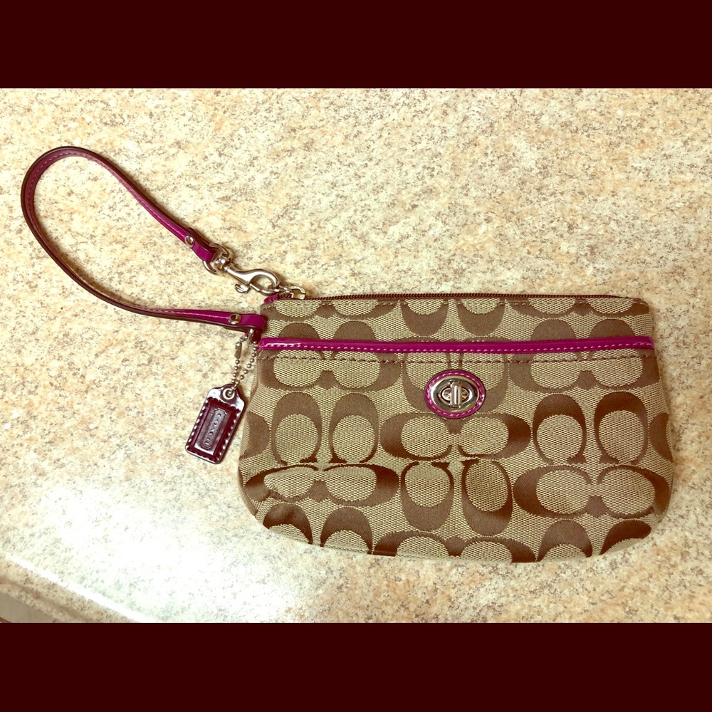 Coach Wristlet, Tan and Purple, Signature “C”